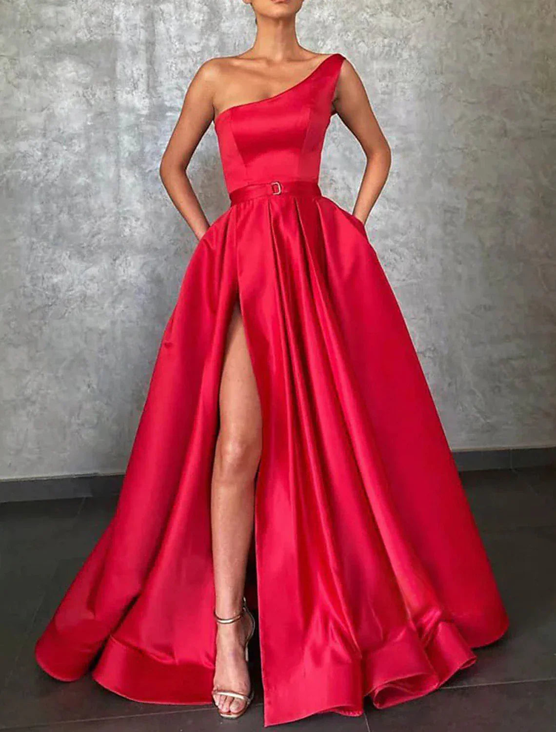 Evening Gown Celebrity Style Dress Formal Wedding Sweep / Brush Train Sleeveless One Shoulder Belt / Sash with Pleats