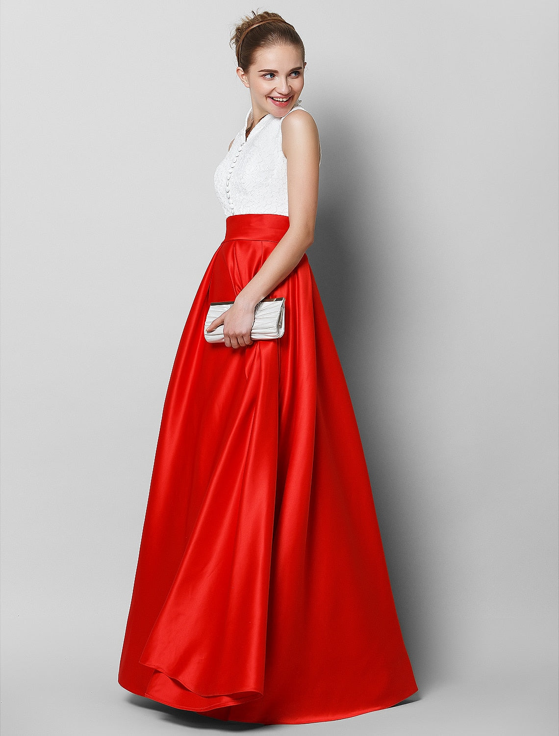 Black & Luxurious Color Block Formal Evening Tie Gala Dress High Neck Sleeveless Floor Length with Pleats