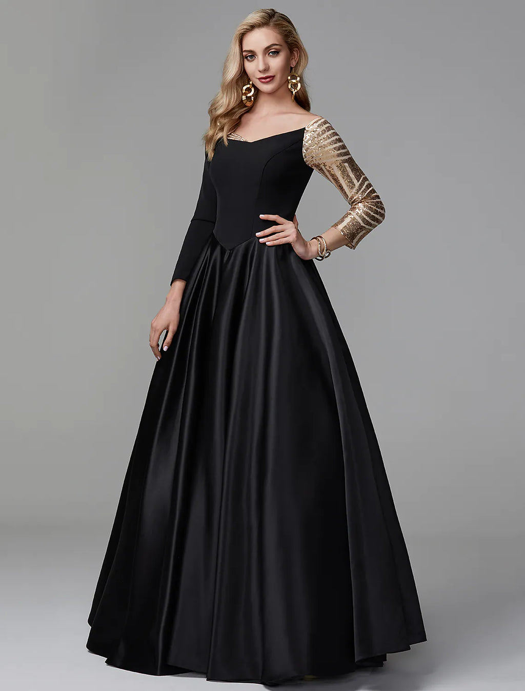 Sparkle Formal Evening Dress Off Shoulder Long Sleeve Floor Length