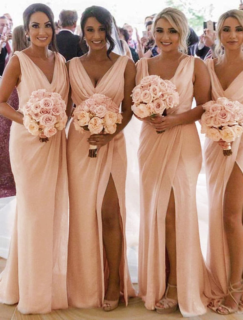 Bridesmaid Dress V Neck Sleeveless Elegant with Pleats Split Front Ruching