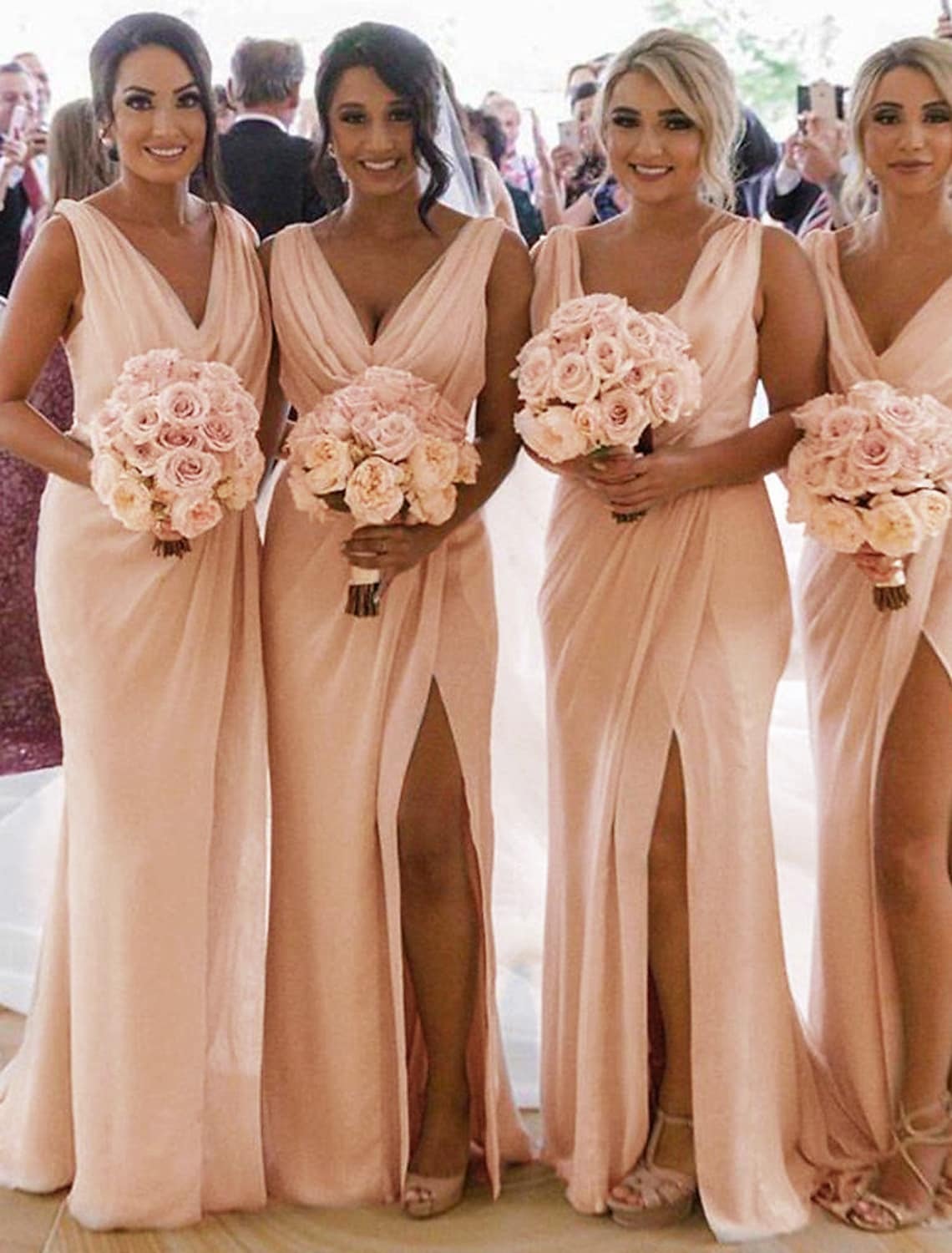 Bridesmaid Dress V Neck Sleeveless Elegant with Pleats Split Front Ruching