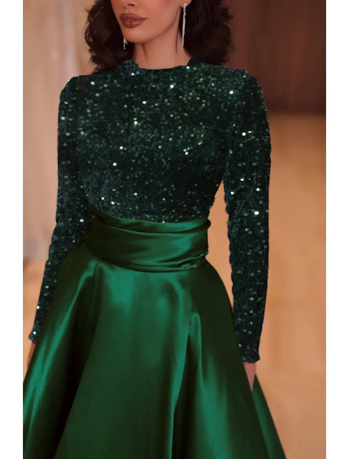Green Evening Gown Sparkle Christmas Red Dress Formal Cocktail Party Court Train Long Sleeve High Neck Fall Wedding Guest