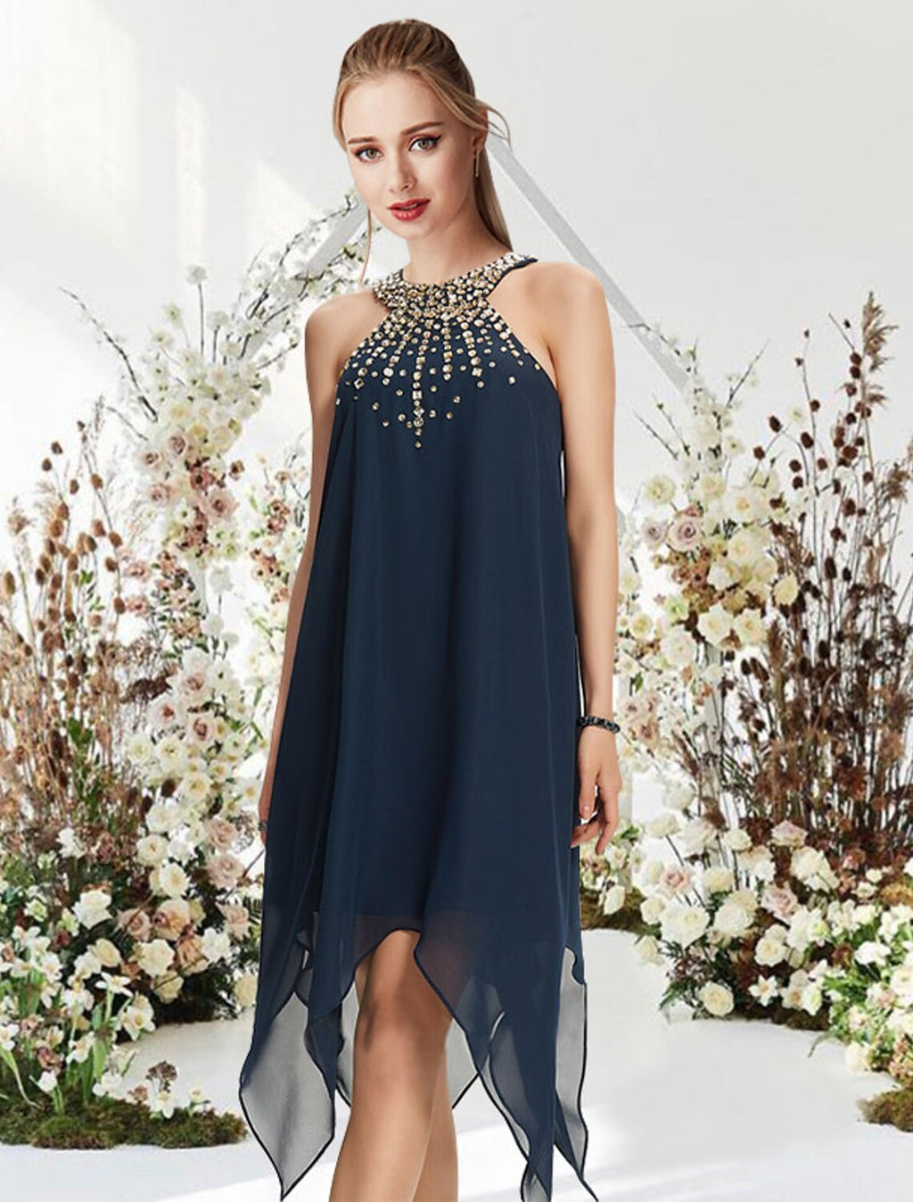 Cocktail Dresses Flirty Dress Wedding Guest Cocktail Party Asymmetrical Sleeveless Halter Neck with Crystals Beading