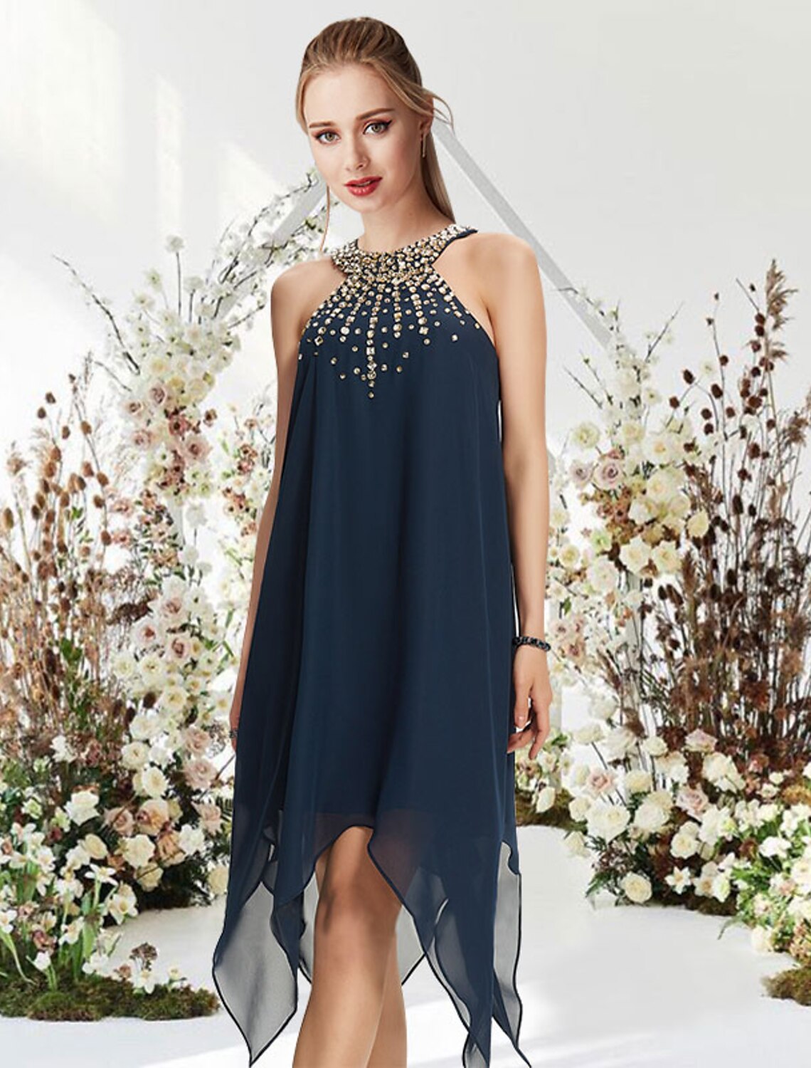 Cocktail Dresses Flirty Dress Wedding Guest Cocktail Party Asymmetrical Sleeveless Halter Neck with Crystals Beading