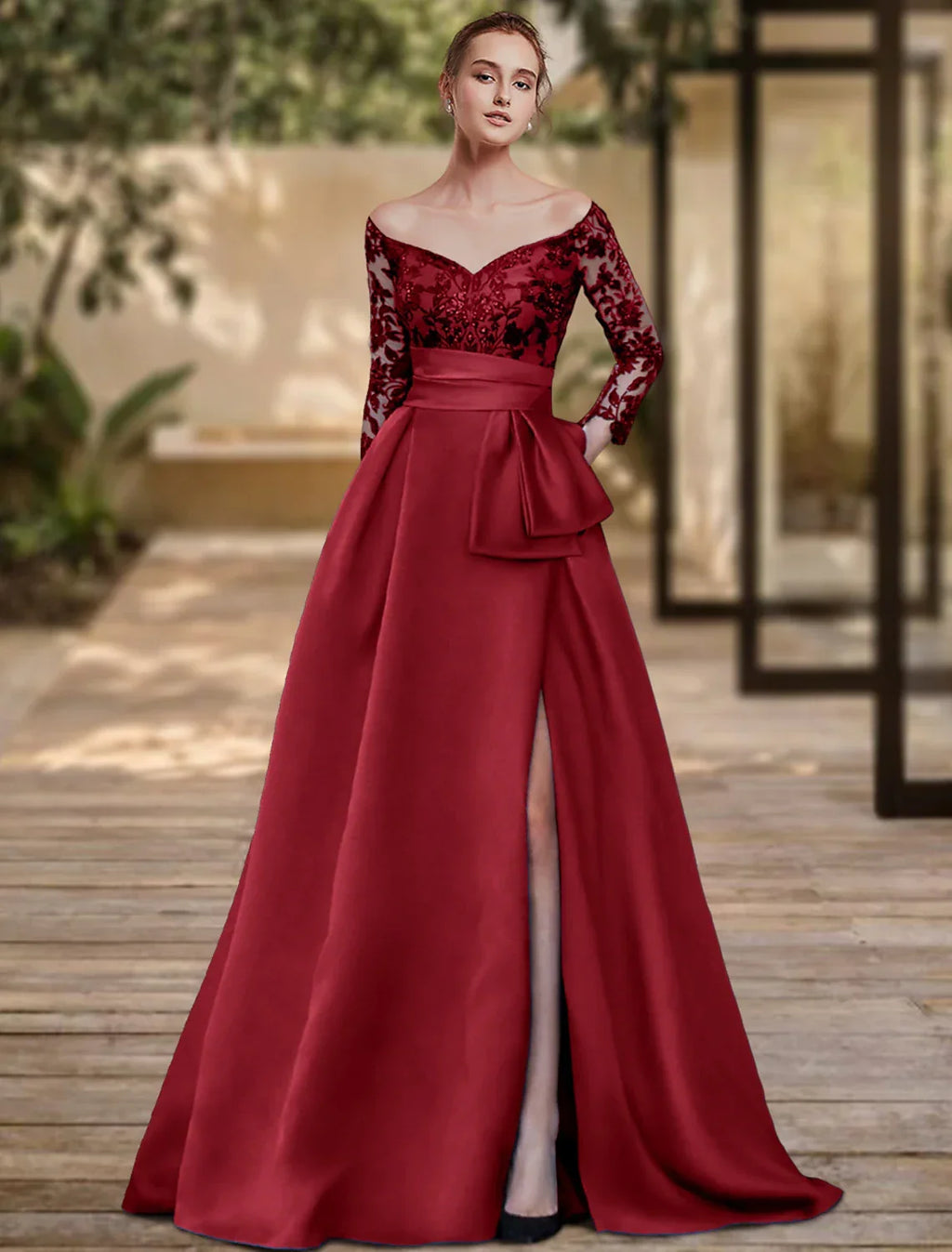 Sheath / Column Evening Gown High Split Dress Formal Wedding Guest Sweep / Brush Train 3/4 Length Sleeve Off Shoulder Charmeuse with Bow(s) Slit