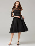 Wedding Guest Knee Length 3/4 Length Sleeve Illusion Neck Over with Appliques
