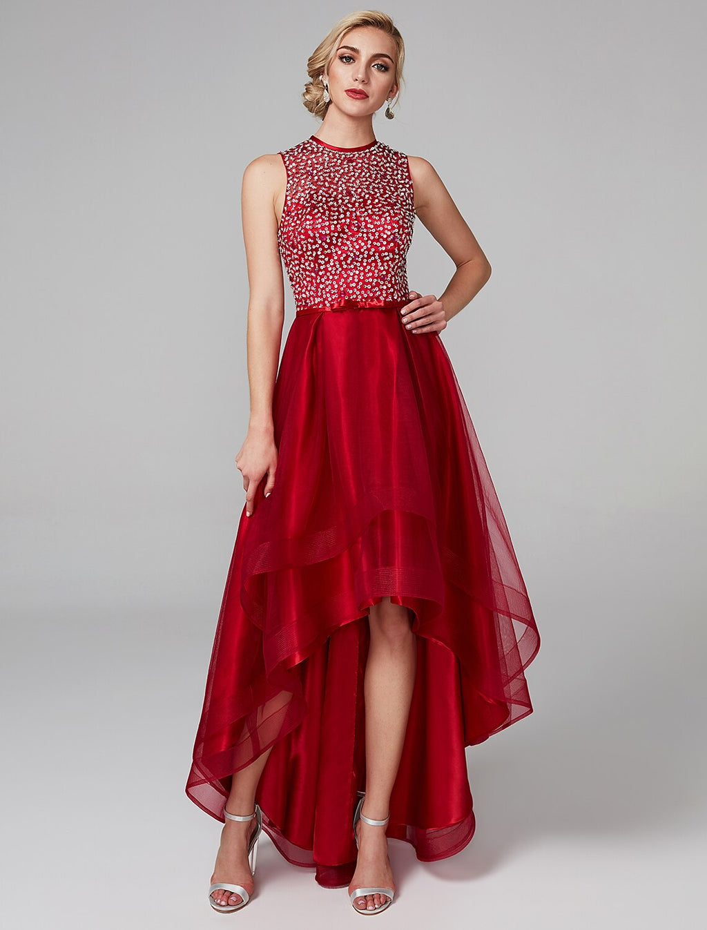 Sparkle & Shine Dress Wedding Guest Asymmetrical Sleeveless Jewel Neck with Bow(s)