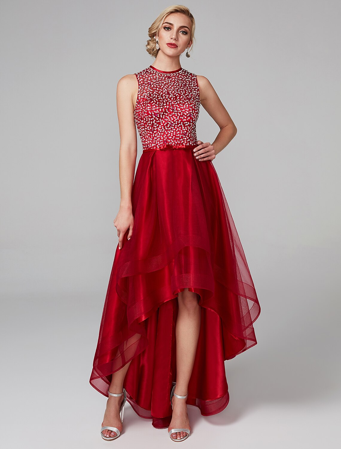 Sparkle & Shine Dress Wedding Guest Asymmetrical Sleeveless Jewel Neck with Bow(s)