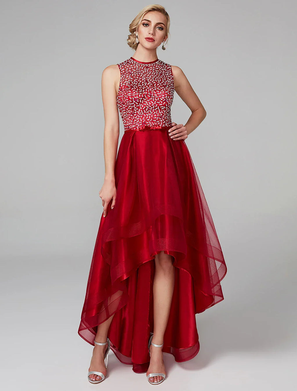 Sparkle & Shine Dress Wedding Guest Cocktail Party Asymmetrical Sleeveless Jewel Neck with Bow(s)