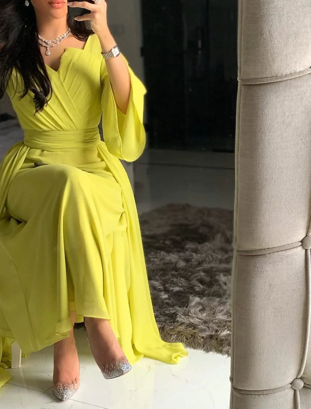Evening Gown Elegant Dress Formal Prom Floor Length 3/4 Length Sleeve Square Neck with Ruched Strappy