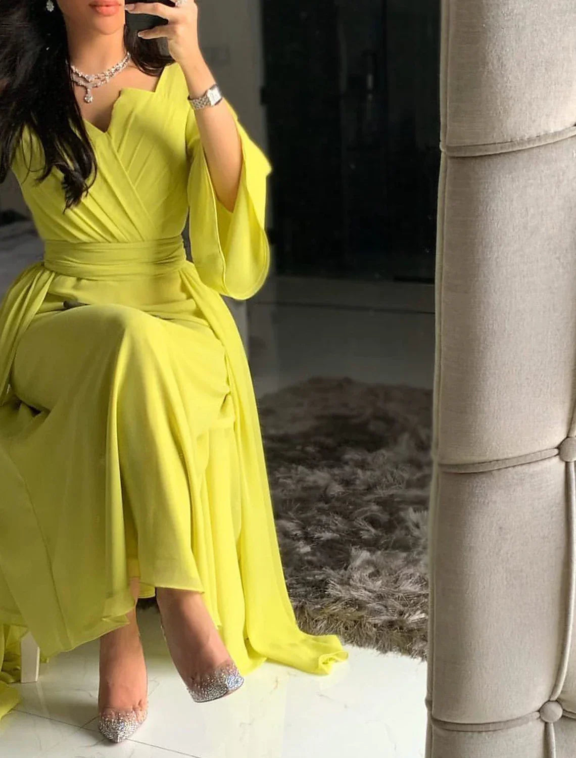 Evening Gown Elegant Dress Formal Prom Floor Length 3/4 Length Sleeve Square Neck with Ruched Strappy