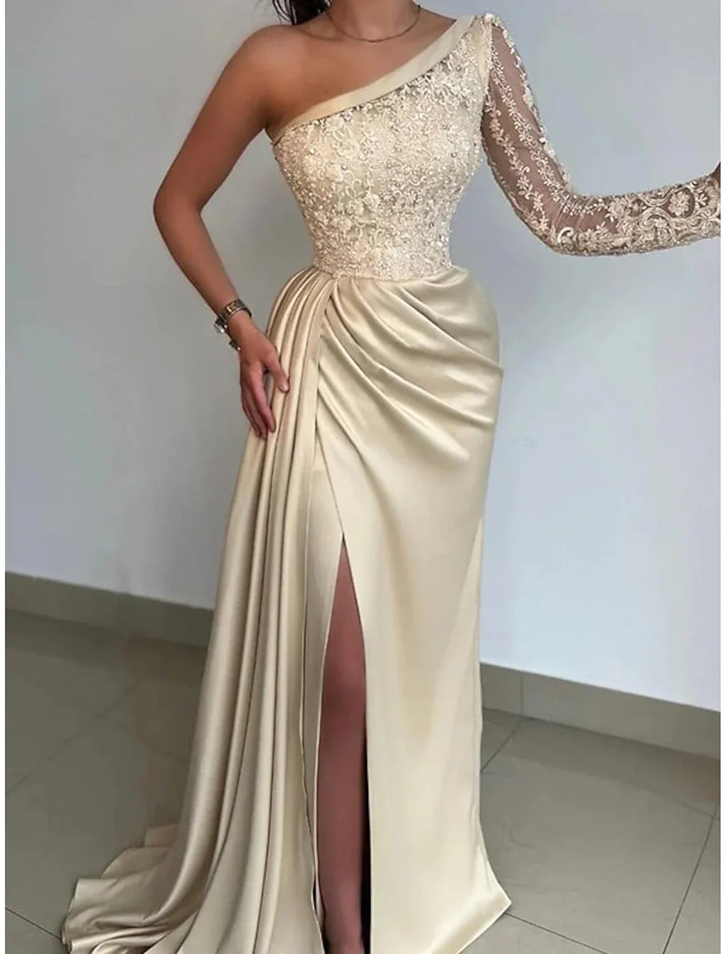 Black Mermaid Dress Evening Gown Hot Dress Formal Wedding Party Sweep / Brush Train Long Sleeve One Shoulder Bridesmaid Dress with Rhinestone Appliques