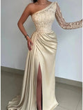 Black Mermaid Dress Evening Gown Hot Dress Formal Wedding Party Sweep / Brush Train Long Sleeve One Shoulder Bridesmaid Dress with Rhinestone Appliques