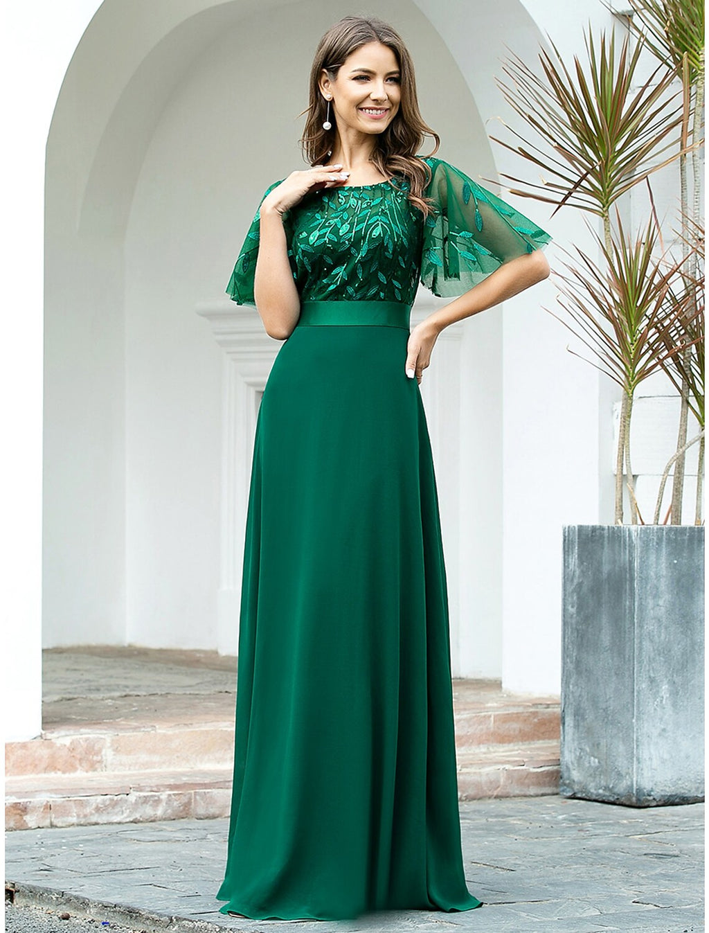 Evening Party Floor Length Short Sleeve V Back