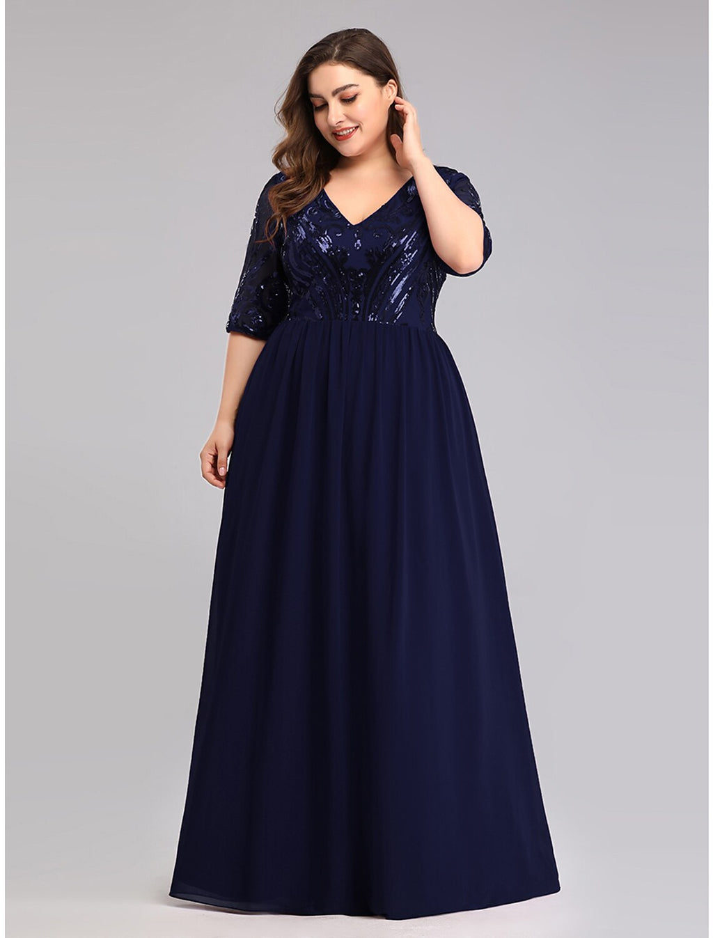 Plus Size Dress Wedding Guest Floor Length Half Sleeve Plunging Neck
