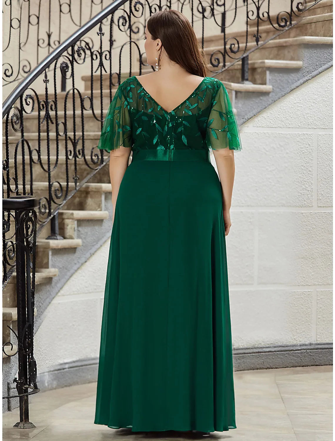 Evening Party Floor Length Short Sleeve V Back