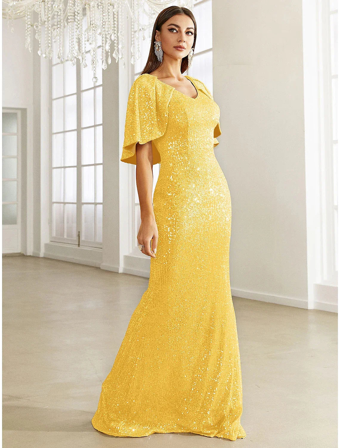 Mermaid / Trumpet Evening Gown Sparkle & Shine Dress Formal Fall Sweep / Brush Train Half Sleeve V Neck with Glitter