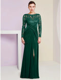 Mother of the Bride Dress Wedding Guest Party Elegant Scoop Neck Floor Length Long Sleeve with Split Front