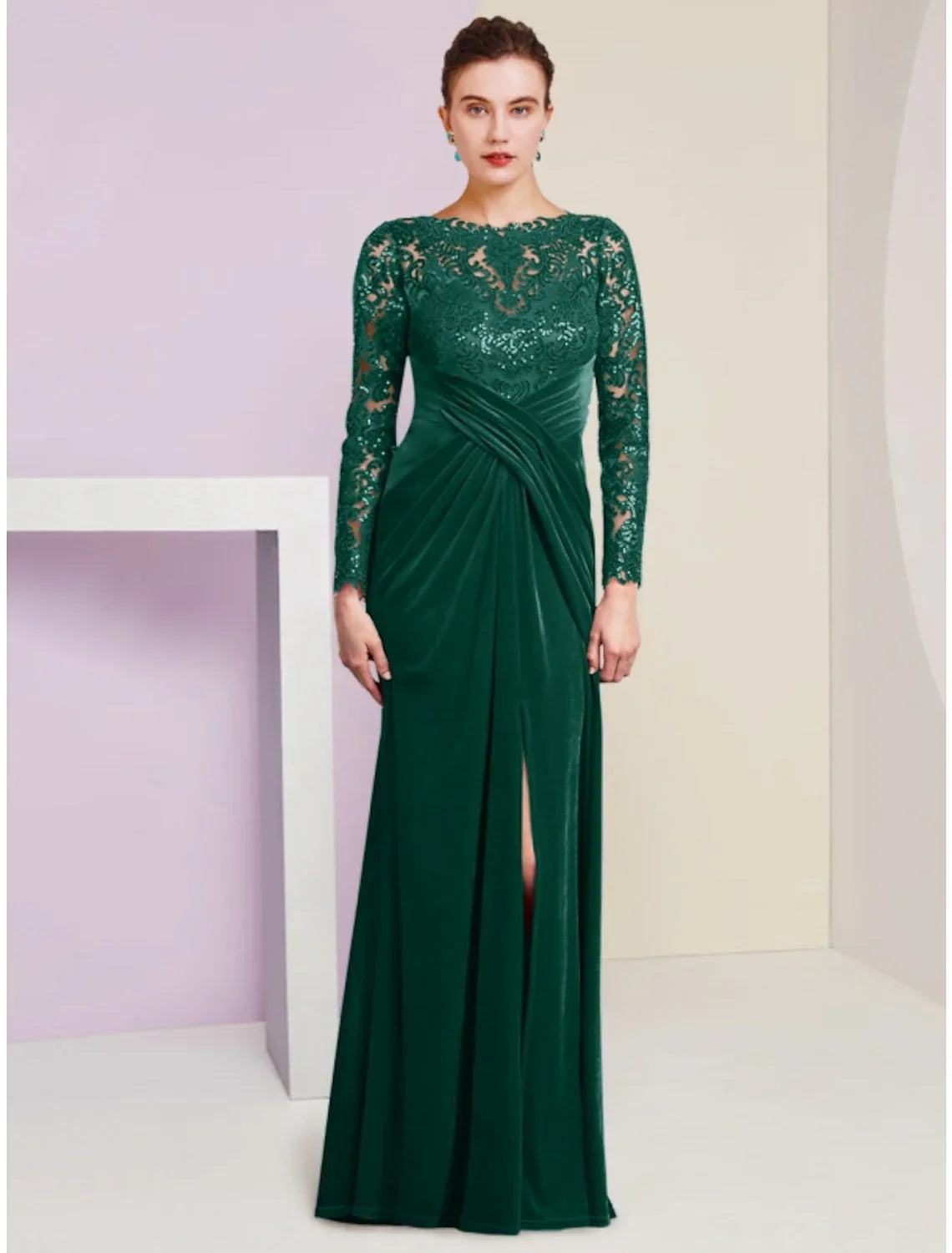 Mother of the Bride Dress Wedding Guest Party Elegant Scoop Neck Floor Length Long Sleeve with Split Front