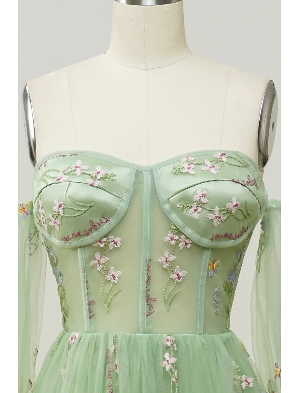 Evening Gown Floral Dress Formal Floor Length Long Sleeve Sweetheart Backless with Pleats Appliques
