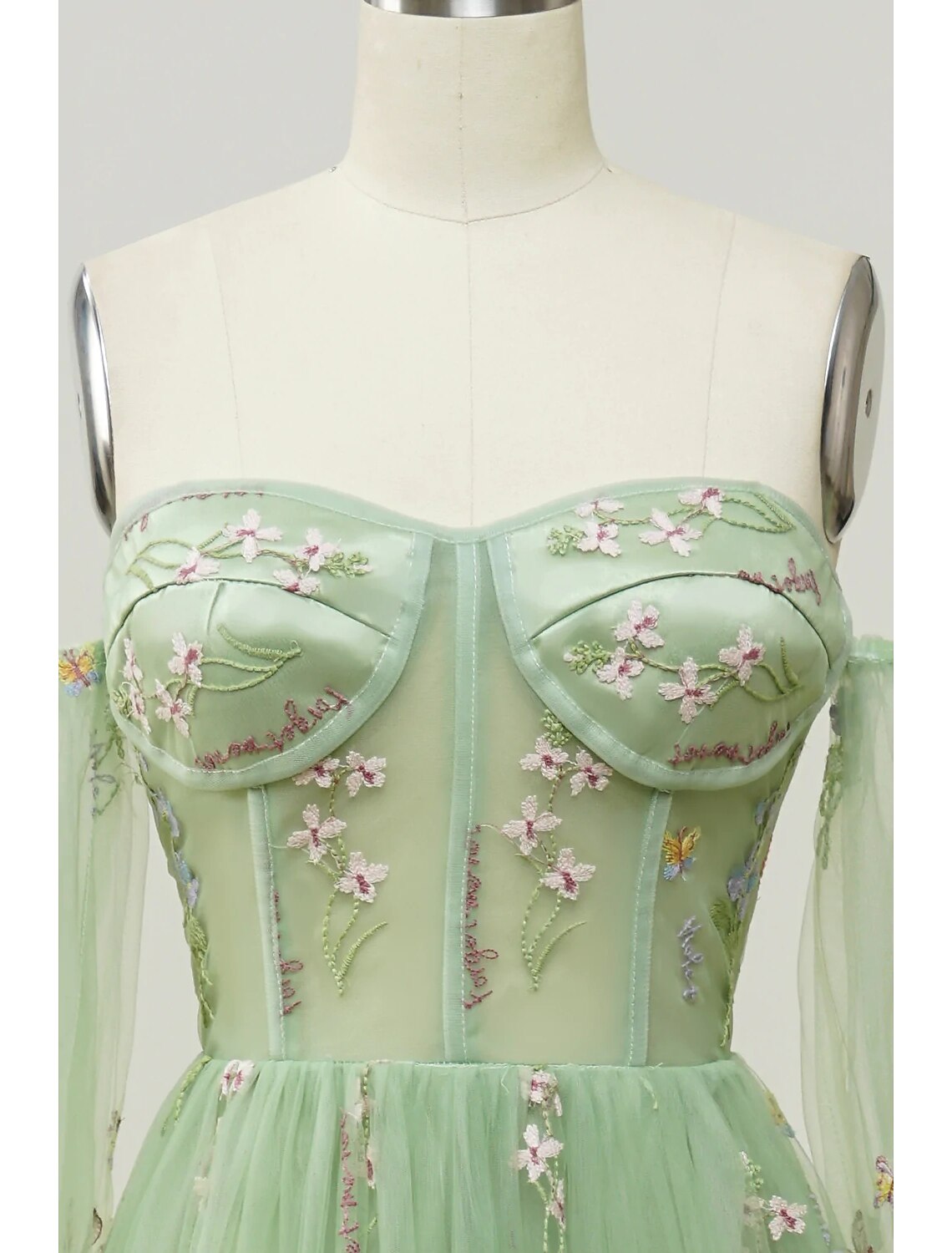 Evening Gown Floral Dress Formal Floor Length Long Sleeve Sweetheart Backless with Pleats Appliques