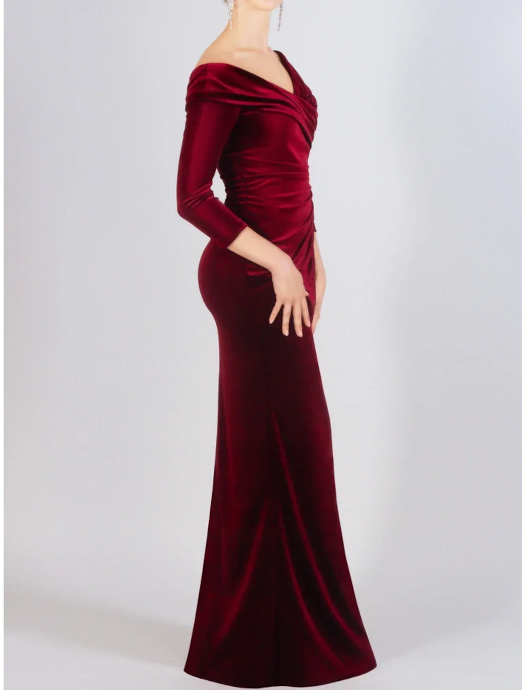 Sheath / Column Mother of the Bride Dress Wedding Guest Elegant Off Shoulder Floor Length 3/4 Length Sleeve with Split Front Ruching