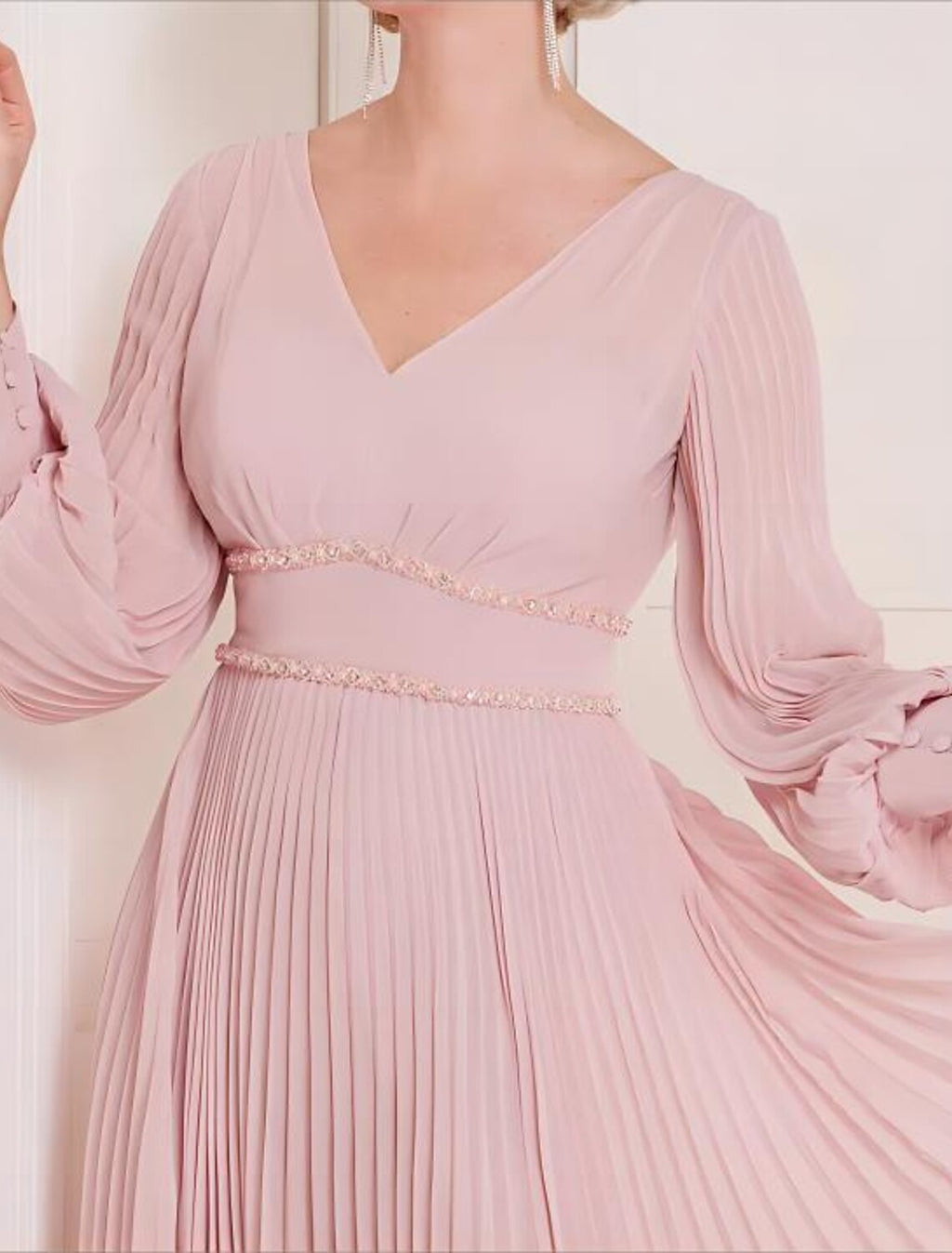 Mother of the Bride Dress Formal Wedding Guest Elegant Scoop Neck V Neck Tea Length Long Sleeve with Crystals Ruching Solid Color