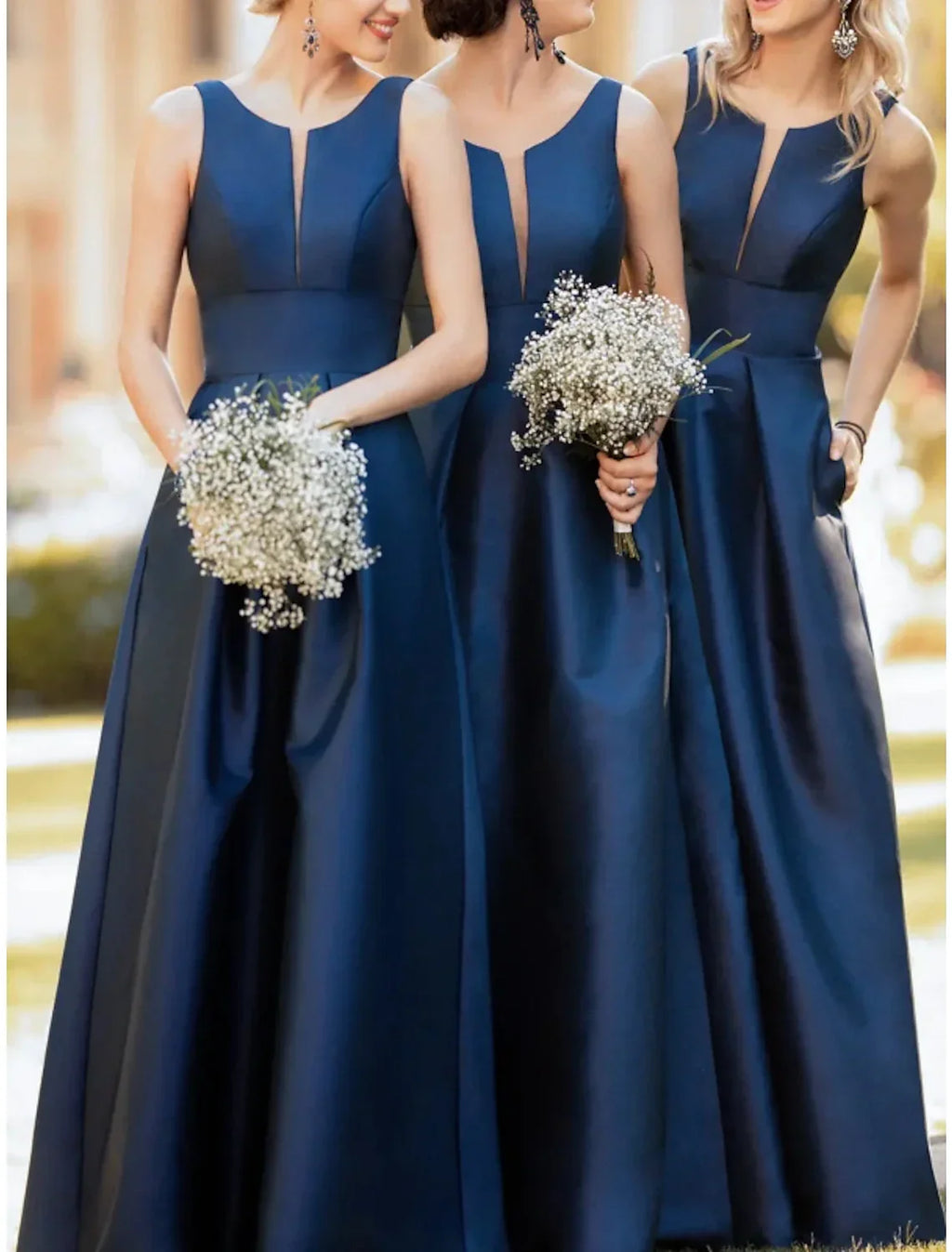 Blue Sheath / Column Bridesmaid Dress Scoop Neck Sleeveless Floor Length with Pleats / Solid Color