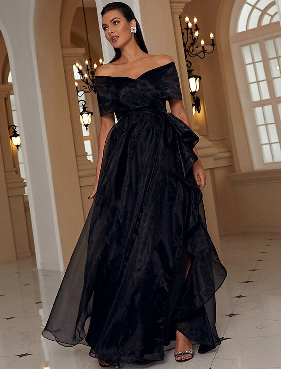 Evening Gown Sexy Dress Formal Floor Length Short Sleeve Off Shoulder with Ruffles Slit