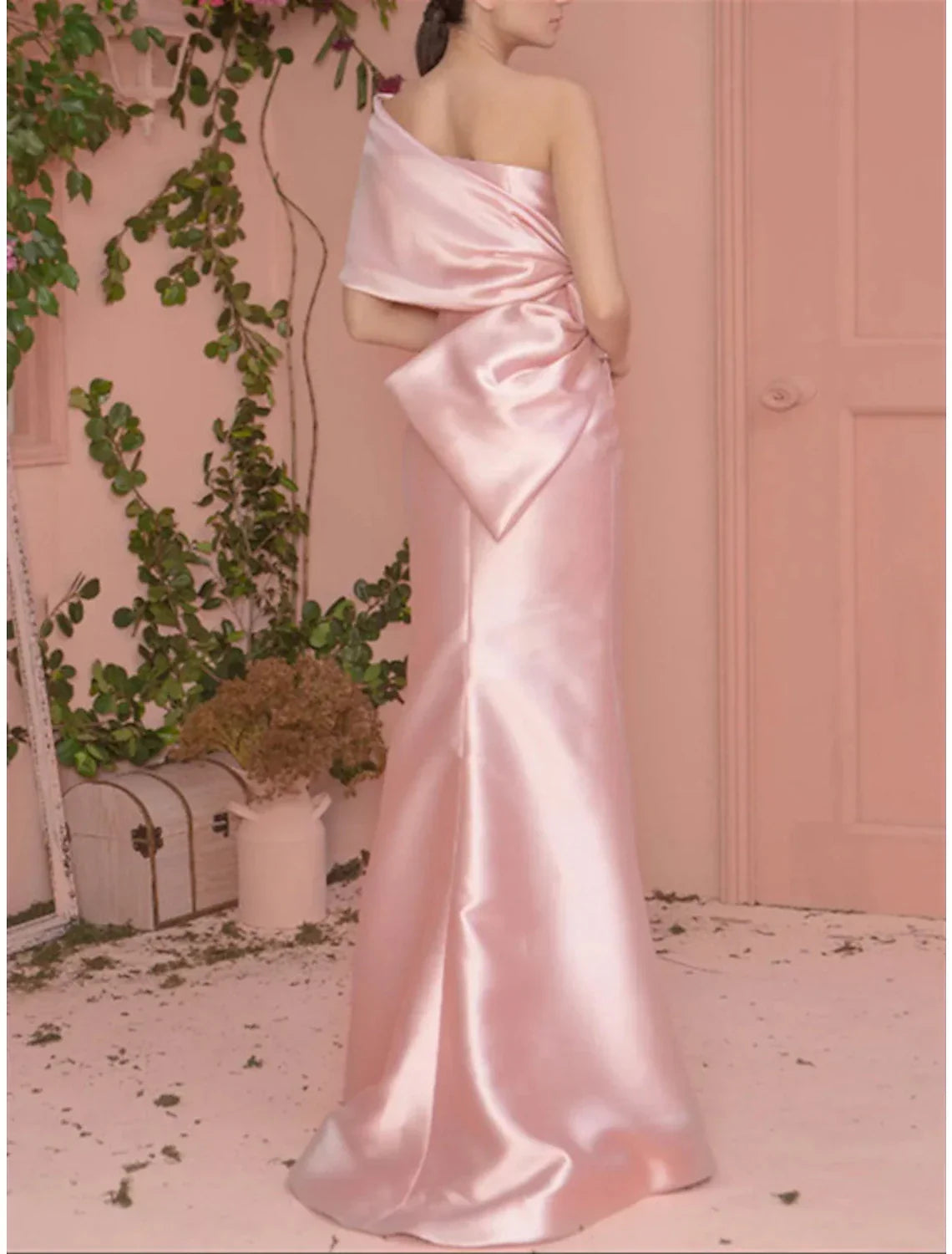 Mermaid / Trumpet Prom Dresses Celebrity Style Dress Engagement Formal Evening Floor Length Short Sleeve One Shoulder with Bow(s)