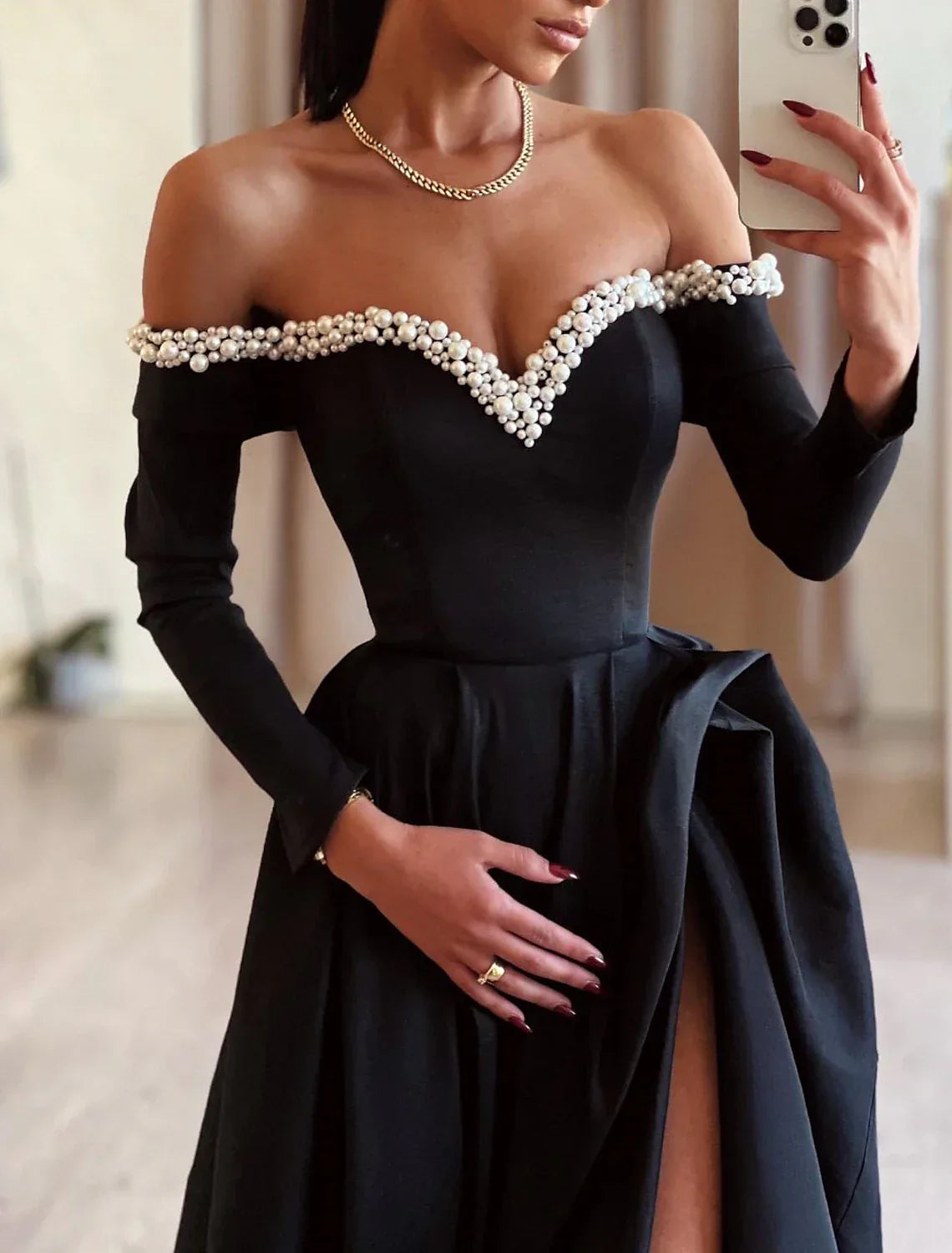 Black Evening Gown Dress Dress Formal Masquerade Sweep / Brush Train Long Sleeve Off Shoulder with Pearls Slit