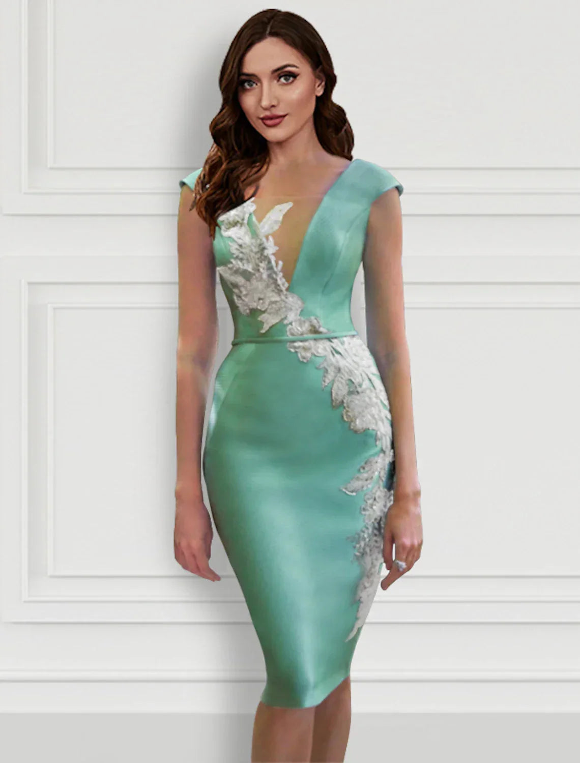 Two Piece Cocktail Dresses Floral Dress Formal Knee Length Long Sleeve V Neck Belt / Sash with Appliques