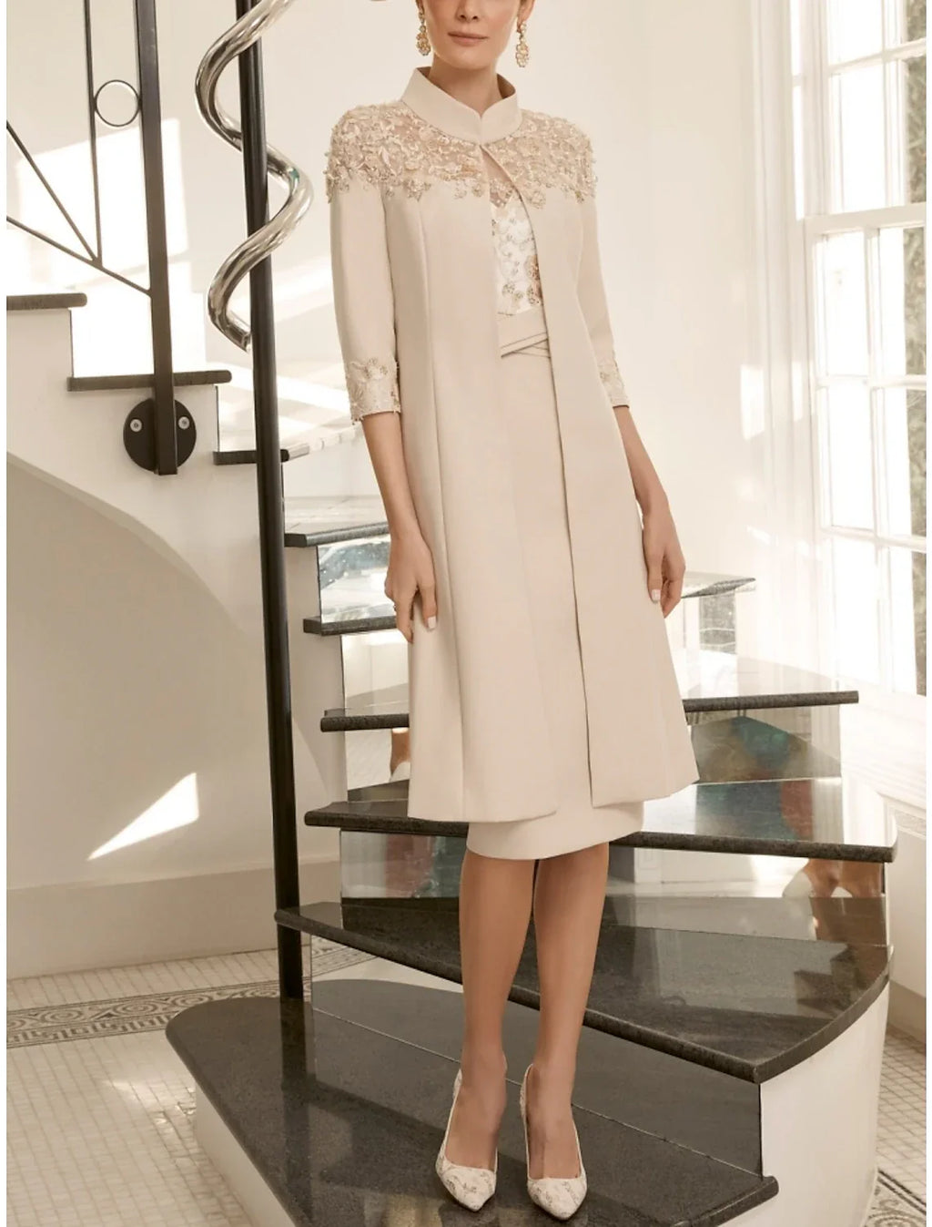 Two Piece Sheath / Column Mother of the Bride Dress Wedding Guest Elegant Jewel Neck Knee Length Fabric Half Sleeve with Beading