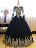 Luxurious Vintage Quinceanera Formal Evening Dress Long Sleeve Floor Length Appliques