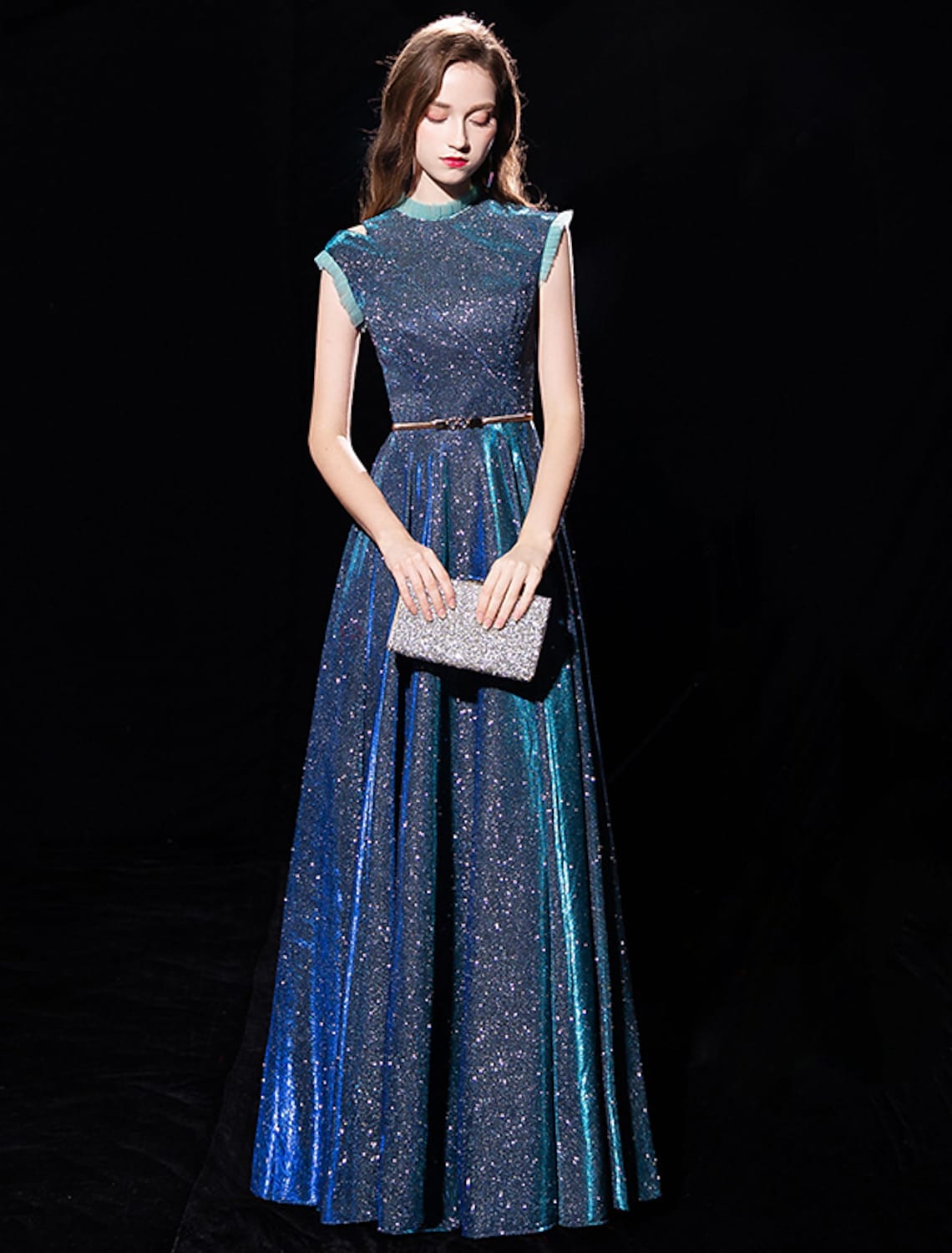 Shine Formal Evening Dress Sleeveless Floor Length with Sash Ribbon