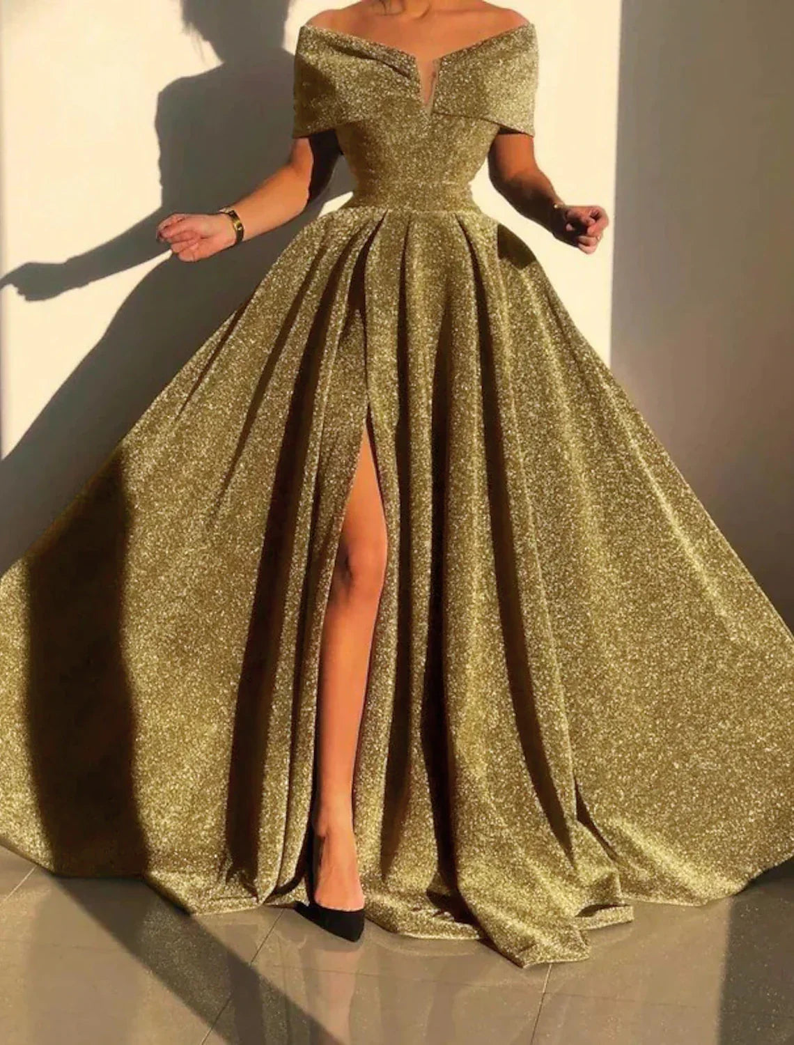 Silver Evening Gown Prom Silver Green Sparkle & Shine Party Formal Dress Formal Fall Court Train Sleeveless Off Shoulder Slit