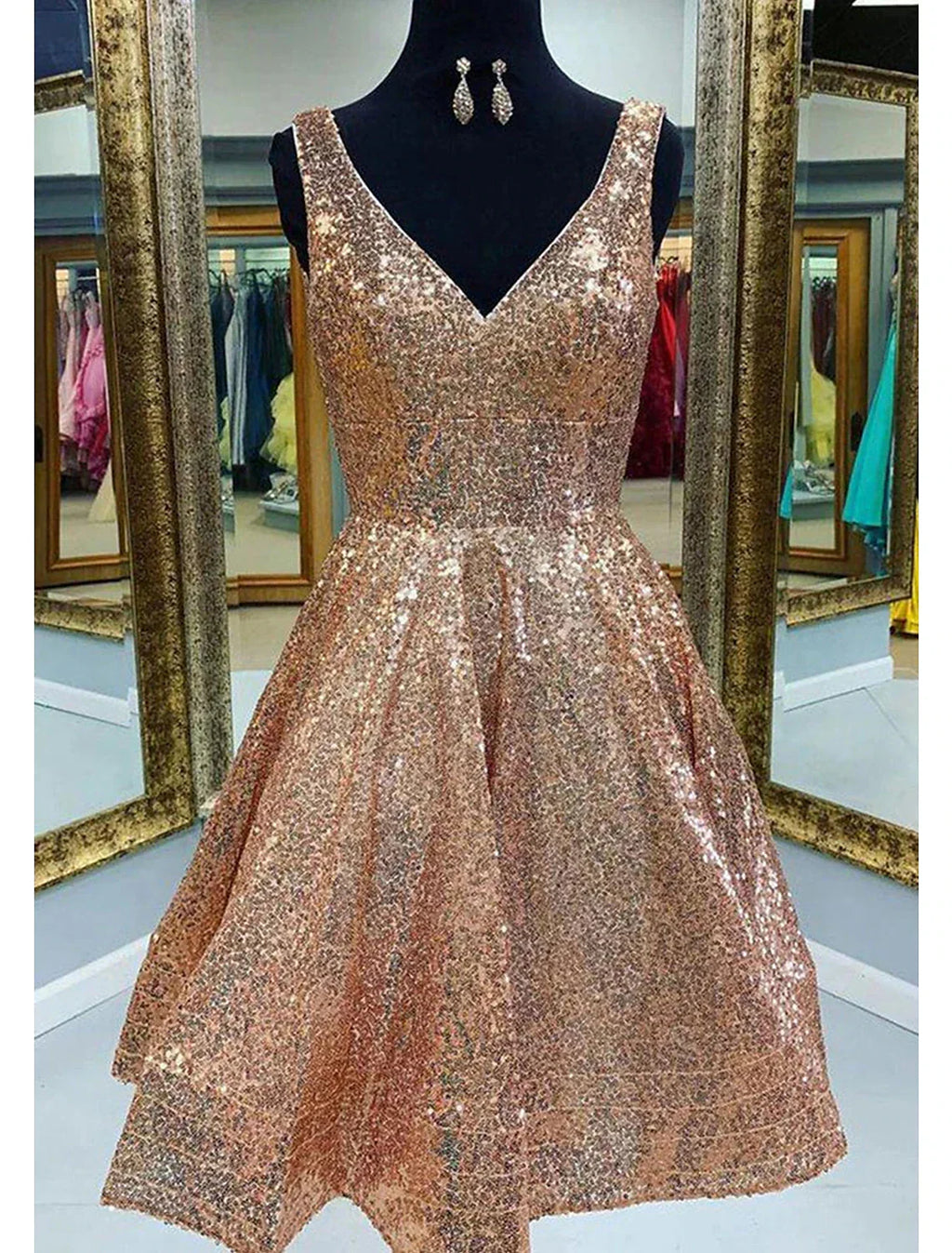 Pink Homecoming Dresses Sparkle & Shine Dress Graduation Party Wear Tea Length Sleeveless V Neck Dress