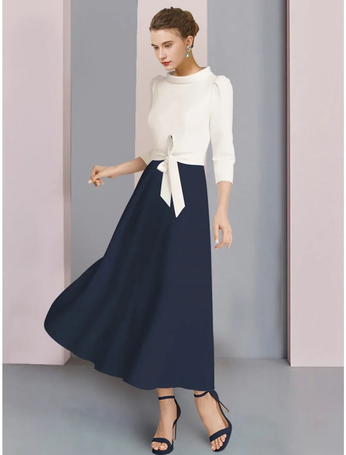 Mother of the Bride Dress Wedding Guest Elegant Scoop Neck Ankle Length Fabric 3/4 Length Sleeve with Bow(s) Ruching