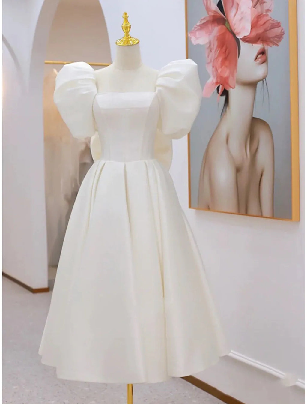 White Bridal Little Dresses Wedding Dresses Knee Length A-Line Short Sleeve Square Neck With Bow
