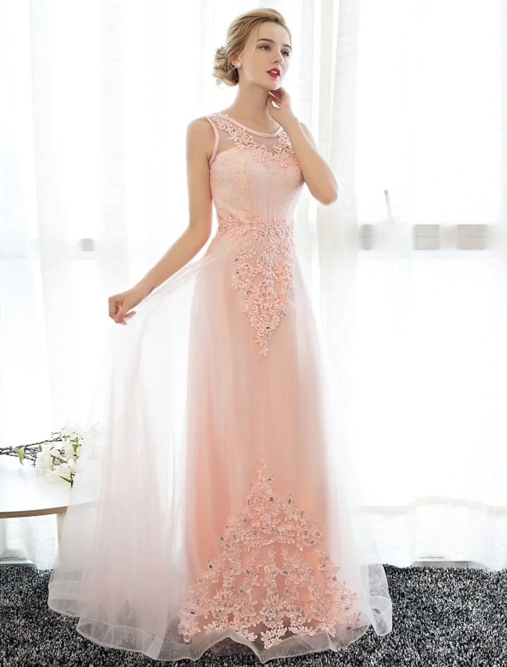 Sheath / Column Dress Wedding Guest Floor Length Sleeveless Illusion Neck with Crystals Appliques