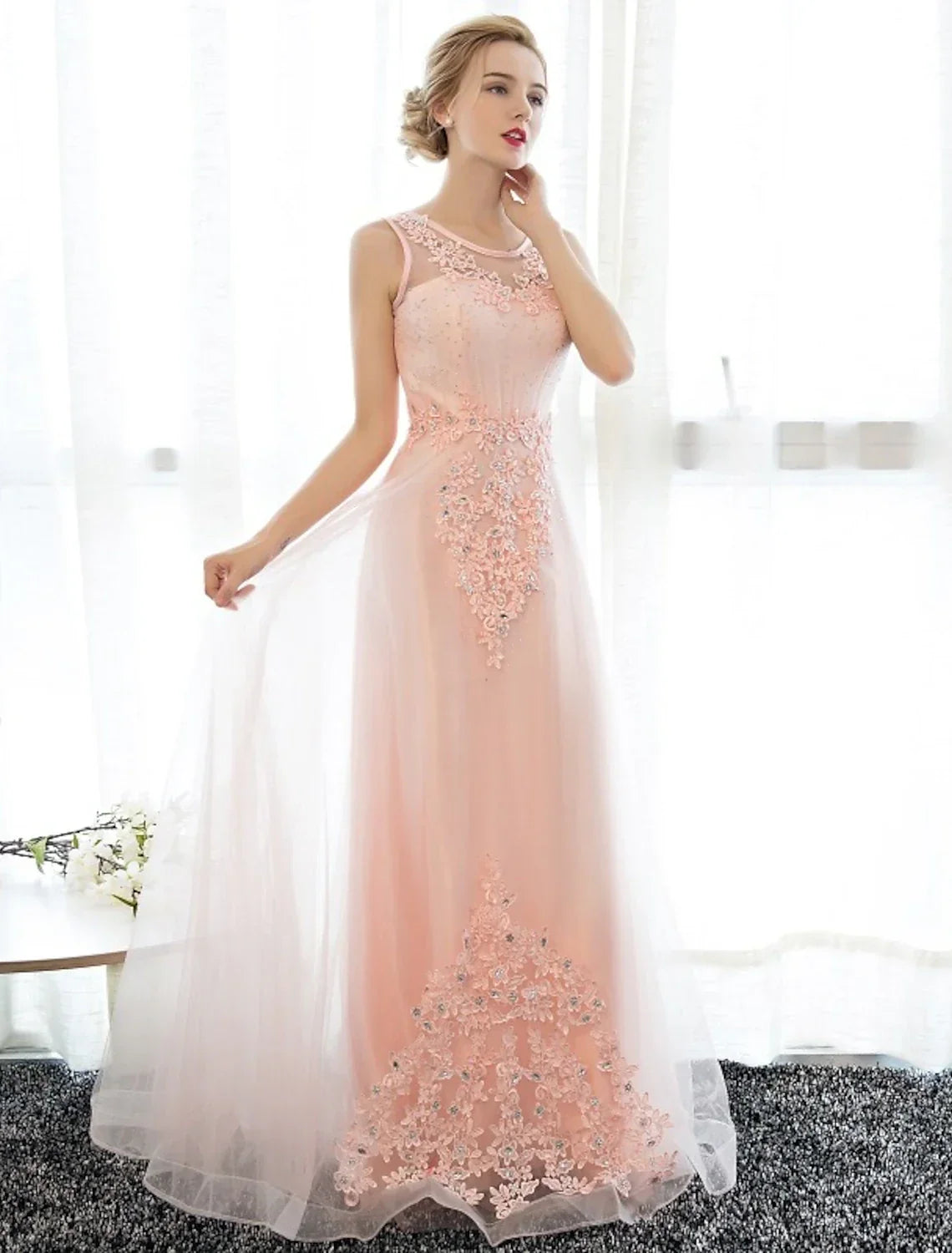 Sheath / Column Dress Wedding Guest Floor Length Sleeveless Illusion Neck with Crystals Appliques