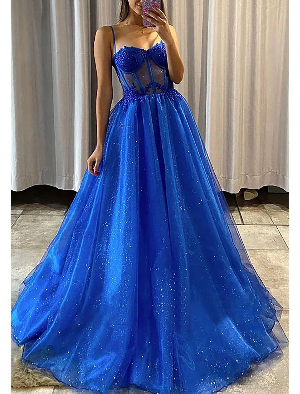 Glittering Dress Formal Floor Length Sleeveless Spaghetti Strap Backless with Pleats Appliques