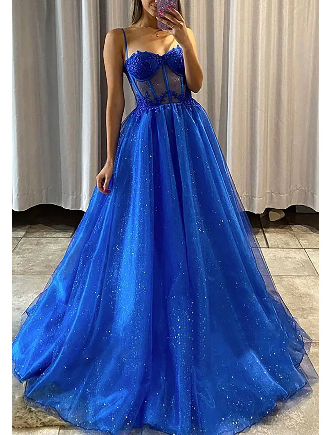 Glittering Dress Formal Floor Length Sleeveless Spaghetti Strap Backless with Pleats Appliques