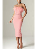 Sheath / Column Evening Gown Elegant Dress Formal Birthday Tea Length Sleeveless Strapless Belt / Sash Fabric with Feather