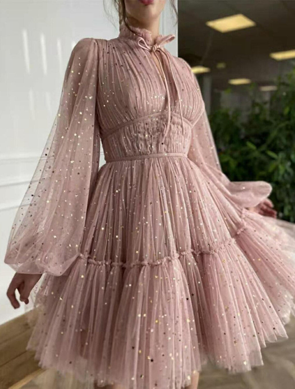 Party Dresses Vintage Dress Homecoming Graduation Knee Length Long Sleeve High Neck with Glitter