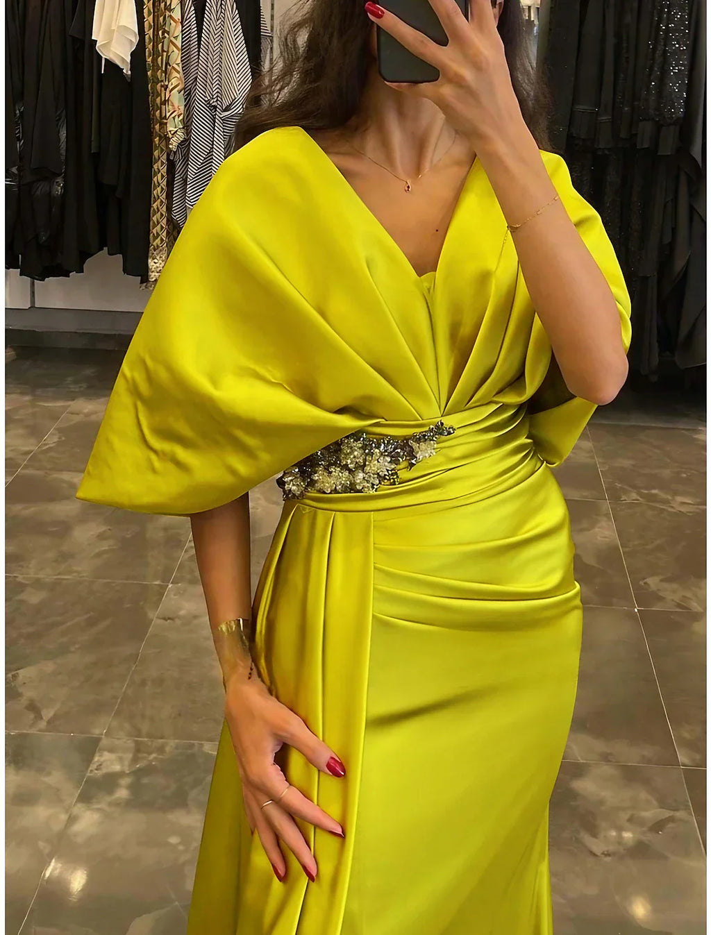 Sheath / Column Evening Gown Elegant Dress Formal Christmas Sweep / Brush Train Half Sleeve V Neck with Pleats Ruched Crystals
