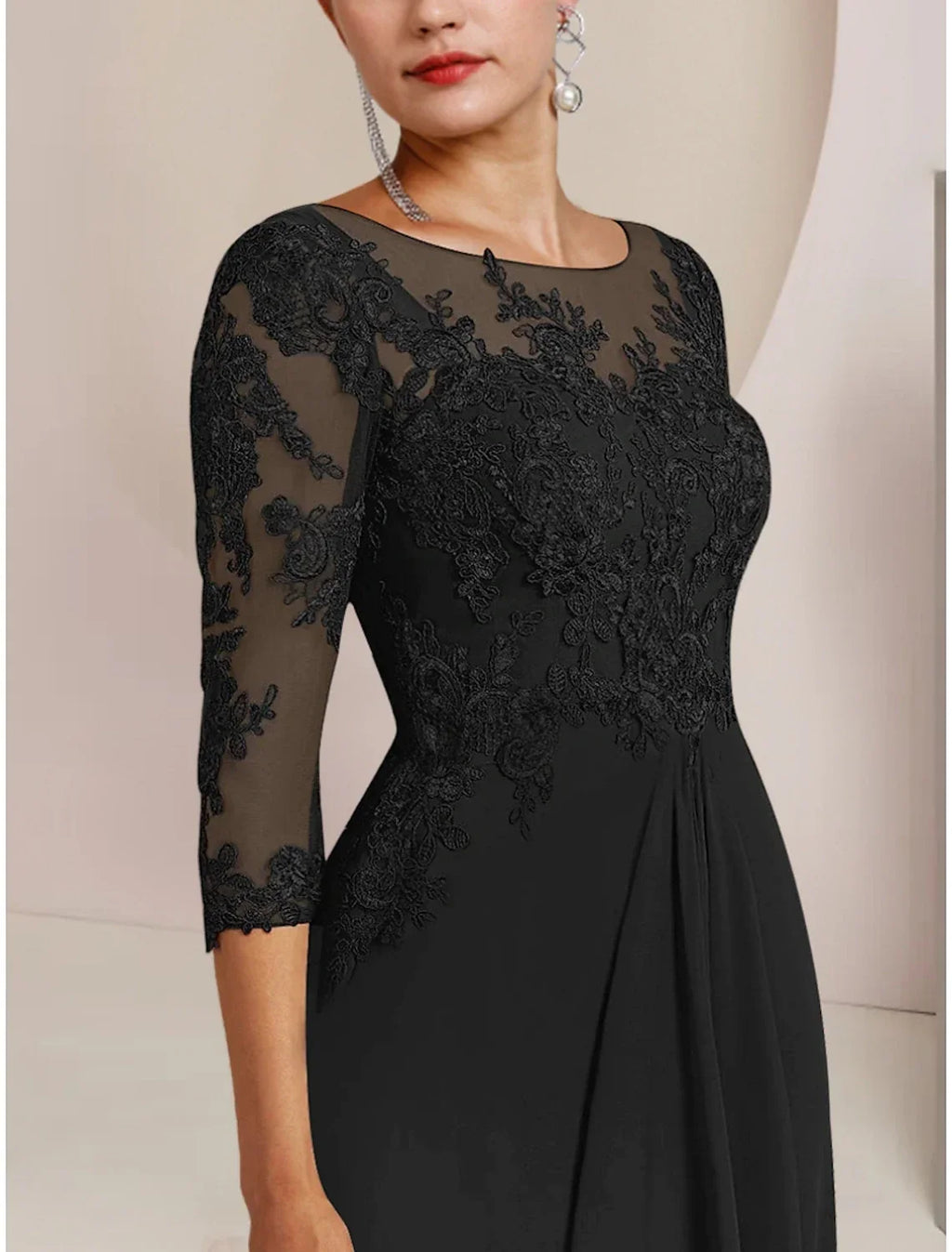 Mother of the Bride Dress Wedding Guest Party Elegant Scoop Neck Sweep / Brush Train Half Sleeve with Ruffles