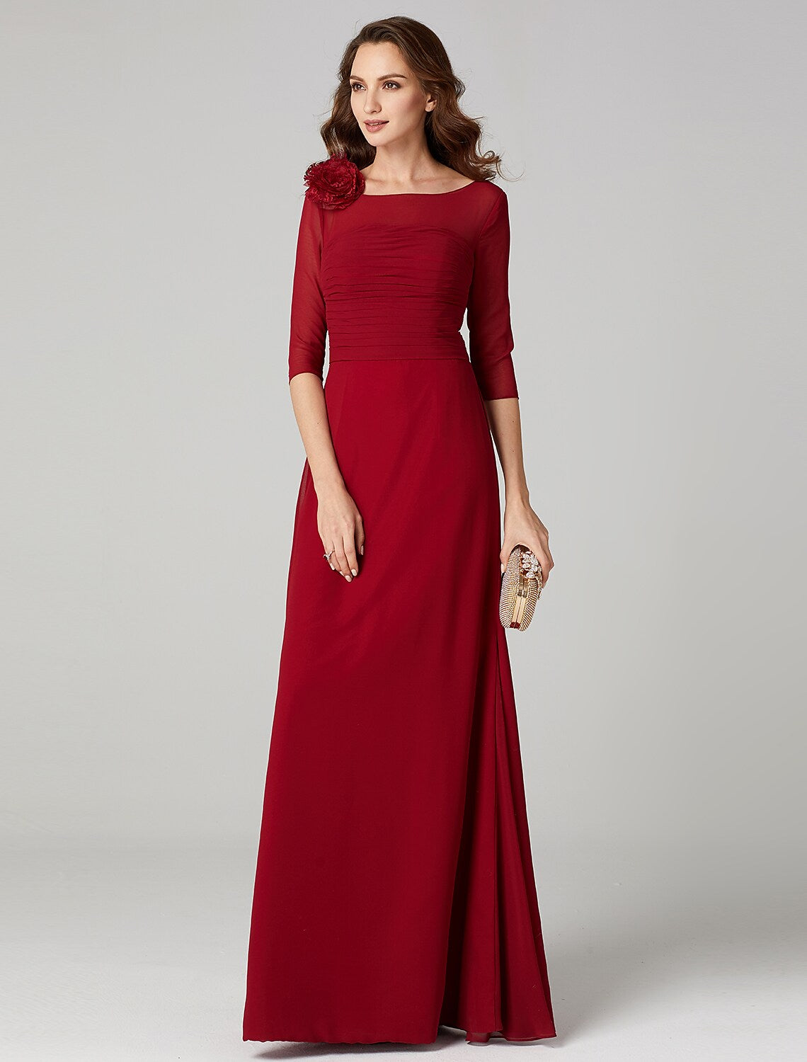 Floor Length Length Sleeve Neck Charmeuse with Ruched Flower