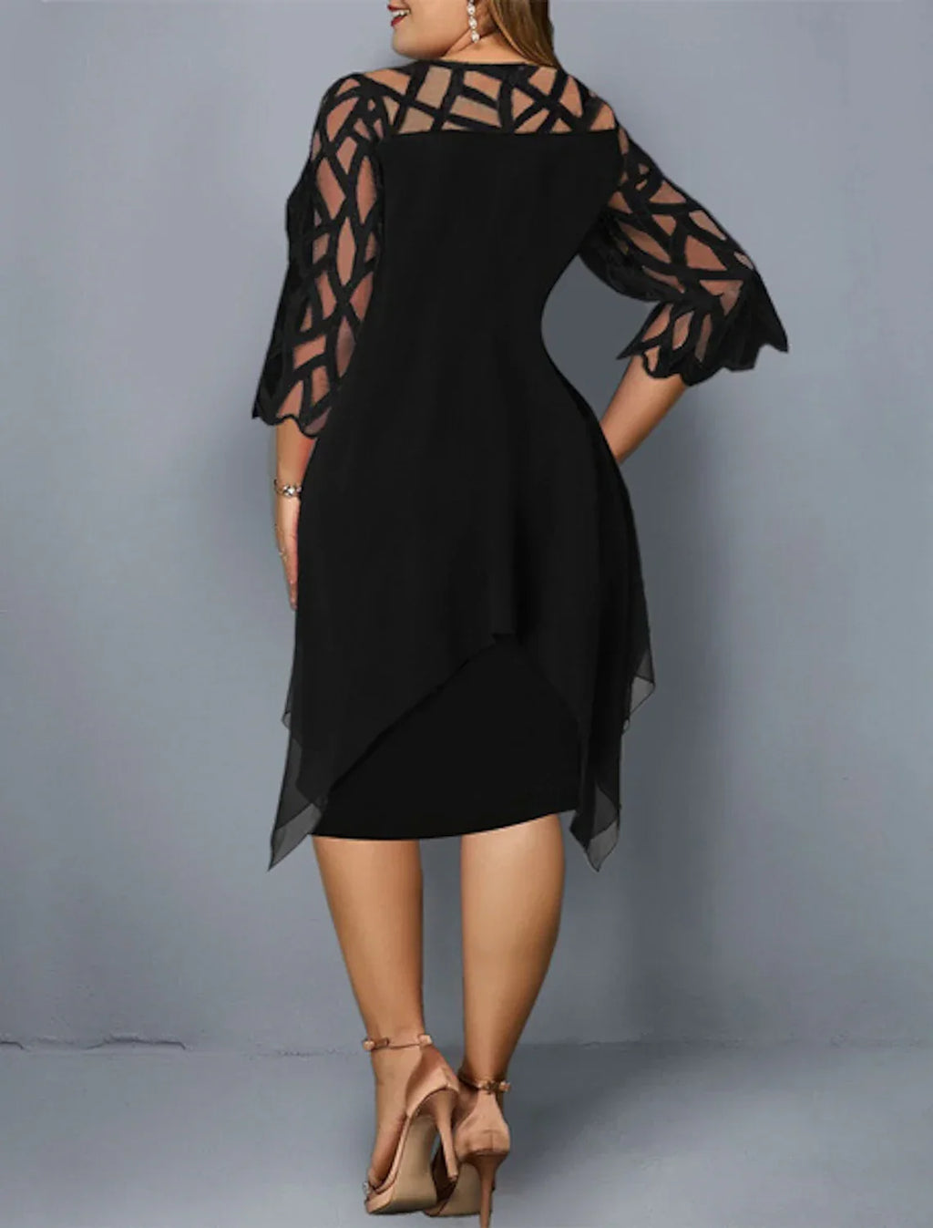 Cocktail Dress Semi-formal Party Dress Midi Jewel Neck 3/4 Length Sleeve Knee Length with Sleek Splicing