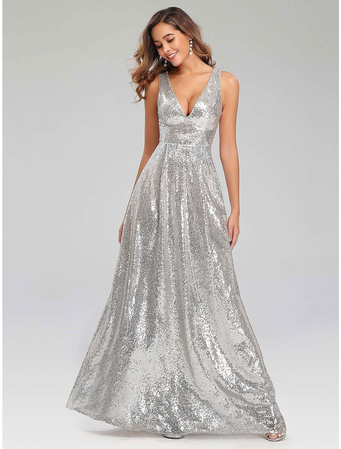 Sparkle Dress Wedding Guest Floor Length Sleeveless V Neck V Back